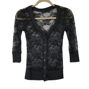 VTG Y2K S Gray Sheer Lace Button-Front Cardigan 3/4 Sleeves Layering Piece 2000'